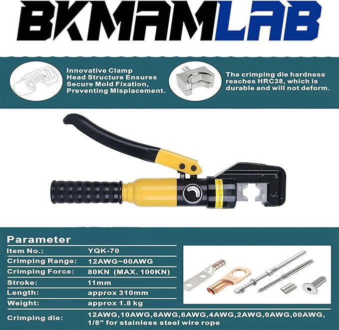 Hydraulic Crimping Tool,with Cable Cutter & 9 Dies,Dattery Terminal Cable Crimper tool for 12 to 2/0 AWG, With Mini Heat Gun and Heat Shrink Tubing