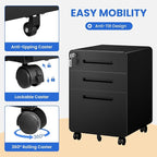 MIIIKO Mobile Filing Cabinet 3 Drawer, Rolling Small File Cabinet with Keys Under Desk, Modern Black Filing Cabinets for Home Office with Anti-tilt Wheels, A4/Letter/Legal Hanging File Drawers