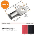 SELTERM 10pcs - 1/0 Awg - 5/16" Stud - Battery Lugs - Ring Terminal Connectors with 12pcs 3:1 Black & Red Heat Shrink Tubing with Adhesive | Heavy Duty Battery Cable Ends - Tinned Copper Wire Lugs Kit