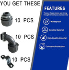 (1/2" Conduit Parts 30 Pack) Yariwiz 1/2 Black Special Extra Flexible Plastic Liquid Tight Conduit Connector Kit, Include 10 Conduit Couplings, 10 Conduit 90 Degree Elbows, 10 Conduit Strap