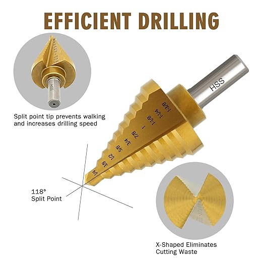 BeHappy Step Drill Bit Set, 5Pcs Titanium Step Drill Bit Set, High Speed Steel Step Drill Bits with Automatic Center Punch for Sheet Metal, Wood, Plastic, 50 Sizes with Aluminum Case for DIY