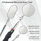 Telescoping Inspection Mirror with Rotating Head,Extendable Mechanic Mirror with Long Handle and Clip-On Design for Mechanics, Dentists, Auto, Boat (2.05in Round &1.18in Round & 1.02 * 1.97in Oval)
