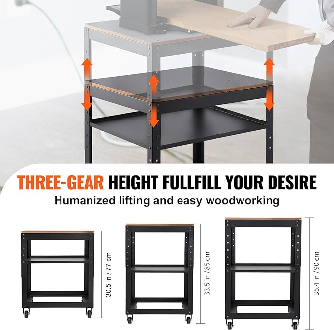VEVOR Planer Stand, 100 lbs / 45 kg heavy loads, Three-Gear Height Adjustable Thickness Planer Table,with 4 Stable Casters & Storage Space, for most planers, saws, bench-top machines, power tools