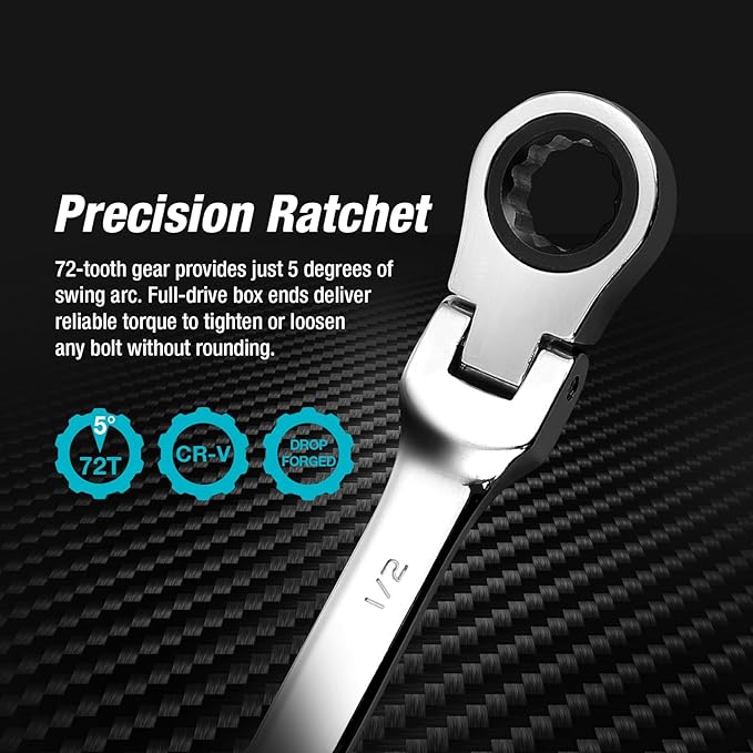 DURATECH 1/2" Flex-Head Ratcheting Combination Wrench, SAE, 72-Tooth, CR-V Steel