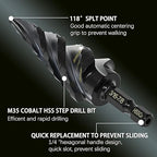 M35 Cobalt Step Drill Bit Four Spiral Flute, 3/16"-7/8" (12 Step Sizes) - Ideal for Metal, Stainless Steel, Wood, Plastic - 1/4" Hex Shank