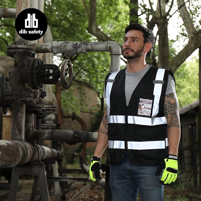 Dib Safety Reflective Vest High Visibility with Pockets and Zipper, Black L