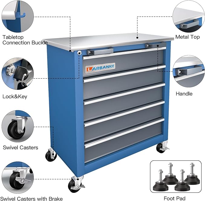 5-Drawer Rolling Tool Chest,Locking Metal Tool Cabinet with Drawer Liners,Non-Slip Pearl Cotton Mat,360° Wheels for Easy Move,Can be Used in Combination with The Seven-Drawer Tool Cabinet