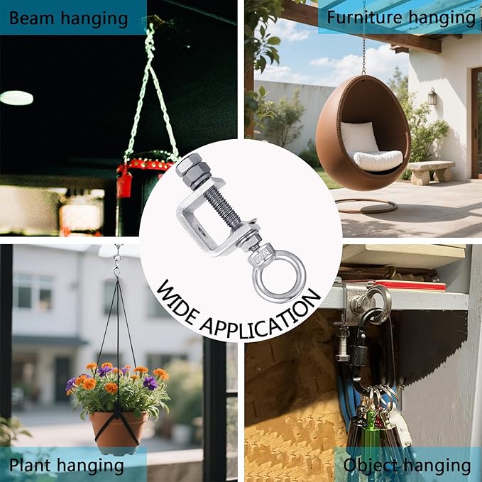 6-Pack Small C Clamps – 304 Stainless Steel Beam Clamps with M8 Screw Ring | Adjustable, Rust-Resistant I Beam Clamps for Ring Beams, Welding, Woodworking, Plants & Desk Use. Wide Jaw Openings (30MM)