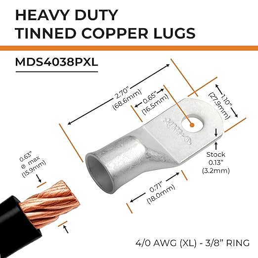 SELTERM 5pcs 4/0 AWG (XL) 3/8" Stud Tinned Copper Wire Lugs, Battery Lugs,Ring Terminals, Battery Cable Ends, 0000 Gauge Ring Terminal Connectors,UL Marine Grade Electrical Battery Terminal Connectors