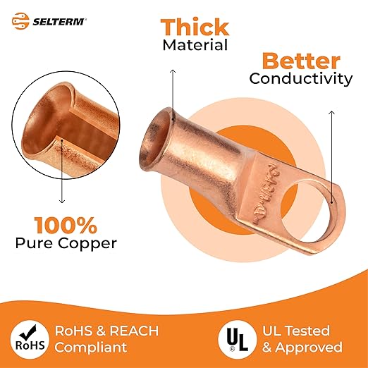 SELTERM 10pcs 4 AWG - 3/8" Stud - Battery Lugs, Heavy Duty Wire Lugs, Ring Terminals, Battery Cable Ends,4 Guage Terminals, UL Bare Copper Eyelets Electrical Battery Terminal Connectors