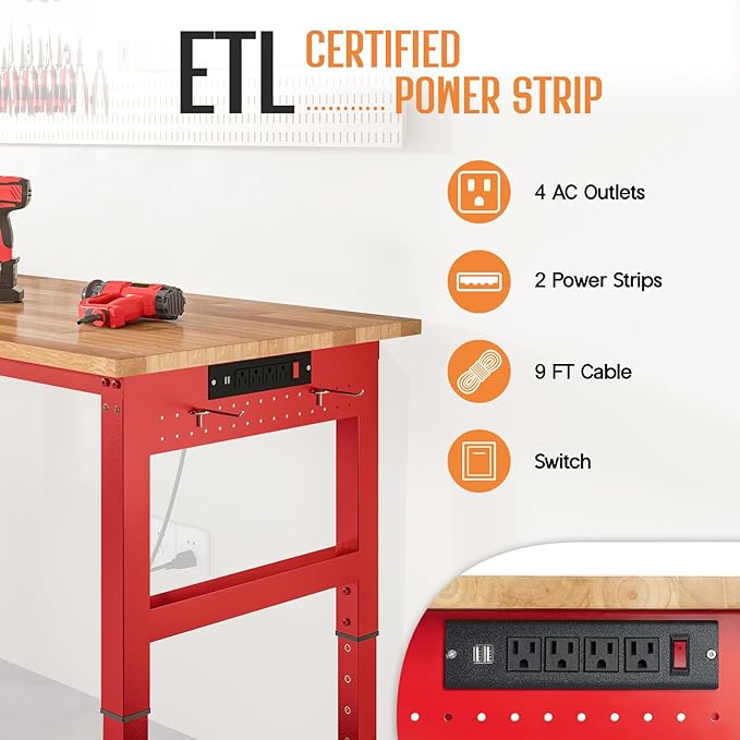 SPECRAFT 72" Red Adjustable Heavy Duty Workbench with 4 AC Outlet and 2 USB Ports Power Outlets, 5000 Lbs Capacity, Rubber Wood Top for Garage, Workshop, Office
