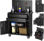 Black Tool Cart with Pegboard and 4 Hooks,Garage Storage Cabinet on Wheels with 2 Drawer,Industrial Service Utility Tool Cart for Mechanics, Garage, Workshop