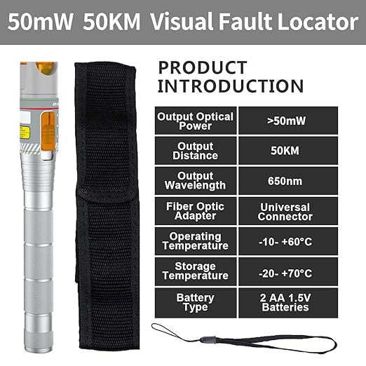 Visual Fault Locator 50KM, VFL Fiber Optic Light Source Tester, Red Light Pen Equipment for 2.5mm Universal Connector, FC/SC/ST/LC Adapter for CATV Telecommunications, Fiber Network Cable Test