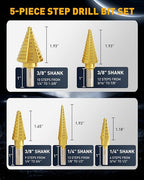COMOWARE Step Drill Bit Set 5-Piece Titanium-Coated with Automatic Center Punch HSS- Covering 50 Sizes, Complete with Aluminum Case