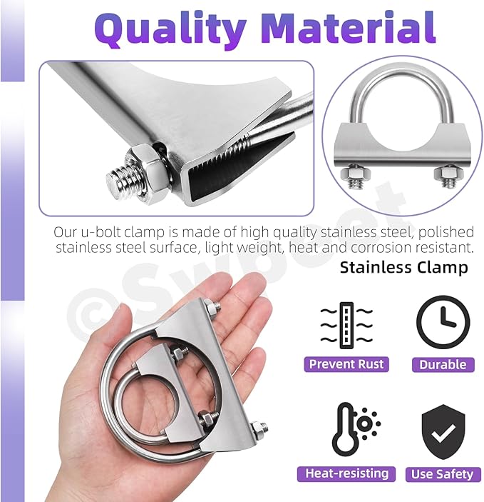 Swpeet 2Pcs 1.3 Inches Exhaust U Clamp Kit, 1-3/10 Inches Stainless Steel Muffler U-Bolt Clamps, Universal Heavy Duty U-Bolt Muffler Clamp Ideal for Tip Pipes Connection