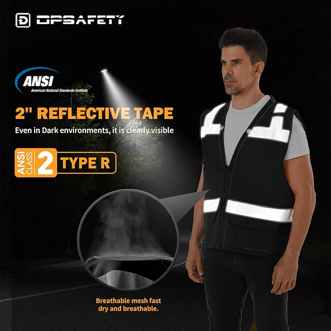 Reflective Safety vest With back plan pocket,High visibility Class 2 Heavy Duty Surveyor Vest with Zipper,Hi Vis Vest ANSI/ISEA Standard, Construction Work Vest for Men＆Women(Black,L)
