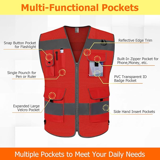 TCCFCCT Mesh Safety Vest for Men Women 9 Pockets High Visibility Reflective Vest for Safety, Work Vest with Reflective Strips, Meets ANSI/ISEA Standards, (Red, X-Large)