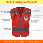 TCCFCCT Mesh Reflective Vest 9 Pockets High Visibility Safety Vest for Men Women, Hi Vis Construction Vest with Reflective Strips, Meets ANSI/ISEA Standards, (Red, Small)
