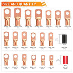 Kuject 220PCS Battery Cable Ends AWG 1 2 4 6 8 1/0 2/0 Gauge, 110PCS Heavy Duty Copper Wire Lugs Kit, Battery Cable Terminal Connectors Assortment with 110PCS 3:1 Heat Shrink Tubing