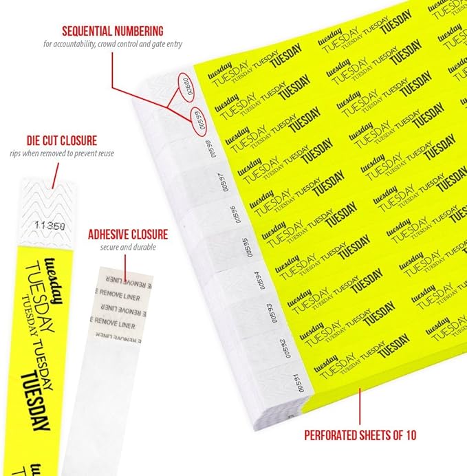 500 WristCo Tuesday Neon Yellow Tyvek Wristbands for Events - ¾” x 10” - Waterproof Recyclable Comfortable Tear Resistant Paper Bracelets Wrist Bands for Concerts Festivals Admission Party