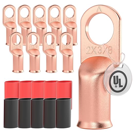 AIRIC 10 PCS UL Listed 2 AWG - 3/8" Battery Cable Lugs, Heat Shrink Ring Terminals End, Copper Cable Ends, Wiring Connector Terminal, Electrical Crimp Connectors, Wire Lug for 2 Gauge Wires
