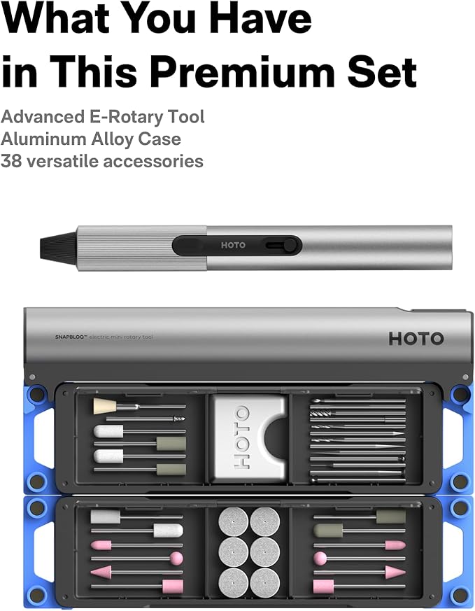 HOTO SNAPBLOQ™ R-A04 Mini Cordless Rotary Tool Kit 4V, Nex-gen Brushless Motor, 22000 RPM Variable Speed, 38 Accessories, Ideal for 3D Printer Sanding, Polishing, Drilling, Carving, DIY Crafts