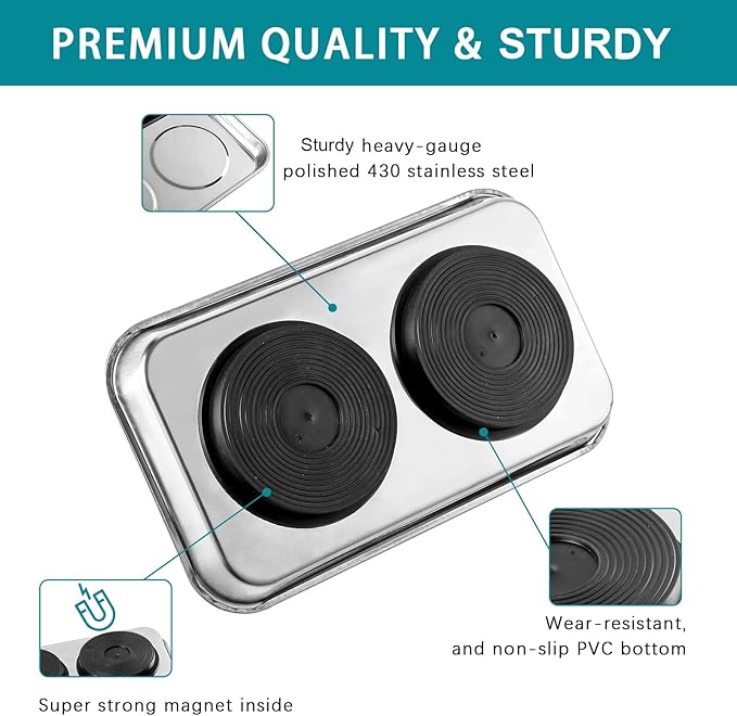 3 Pieces Magnetic Trays with 8LBs Telescoping Magnetic Pick-up Tool Set, 9.5" and 3.7" Rectangle, 6" Round Bowl Stainless Steel Magnet Parts Tray for Screws, Mechanic's