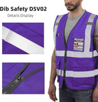Dib Safety Reflective Vest High Visibility with Pockets and Zipper, Purple M