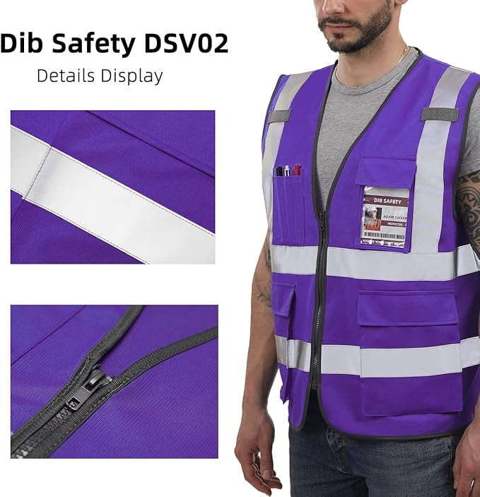 Dib Safety Reflective Vest High Visibility with Pockets and Zipper, Purple XS
