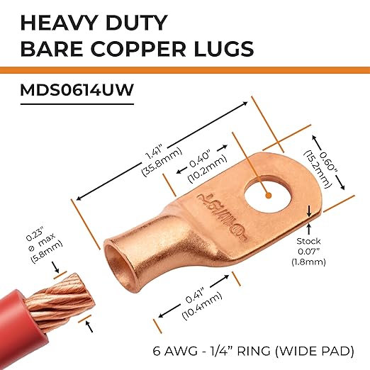 SELTERM 2pcs 6 AWG 1/4" Stud (Wide Pad) Copper Wire Lugs, Battery Lugs,Ring Terminals,Battery Cable Ends, 6 Gauge Ring Terminal Connectors,UL Heavy Duty Bare Copper Eyelets Battery Terminal Connectors
