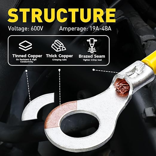 haisstronica 50pcs 5/16" Ring Terminals,AWG 12-10 Brazed Seam Non-Insulated Copper Wire Connectors