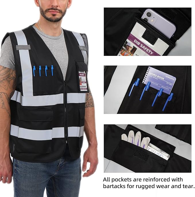 Dib Safety Reflective Vest High Visibility with Pockets and Zipper, Black S
