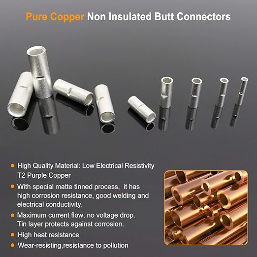 SVAAR 2 Gauge Butt Connectors 8PCS 2 AWG Uninsulated Butt Splice Connectors Tinned Copper Marine Crimp Butt Splices Kit Seamless Barrel Butt Terminals for 2 Gauge Wire & 8PCS 3:1 Heat Shrink Tube