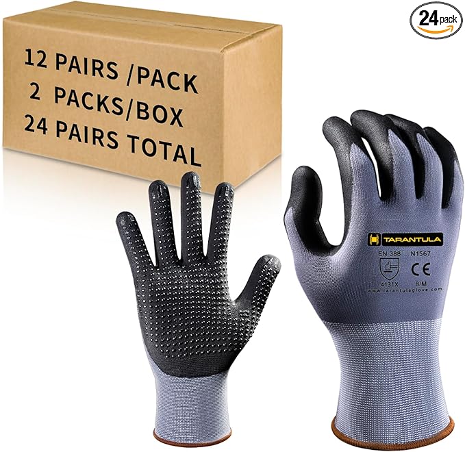 Tarantula Safety Work Gloves MicroFoam Nitrile Coated 24 Pairs,Endurance Seamless Knit Nylon,Dots on Palm,Dot Grip Gloves,X-Lagre