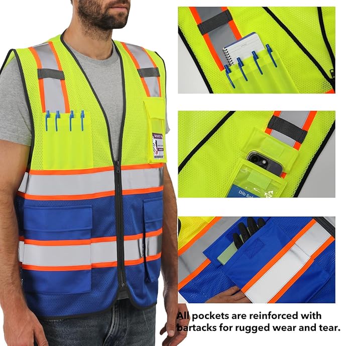 Dib Safety Reflective Mesh Vest High Visibility Two Tone with Pockets and Zipper, Yellow and Blue Mesh with Orange Trim XL