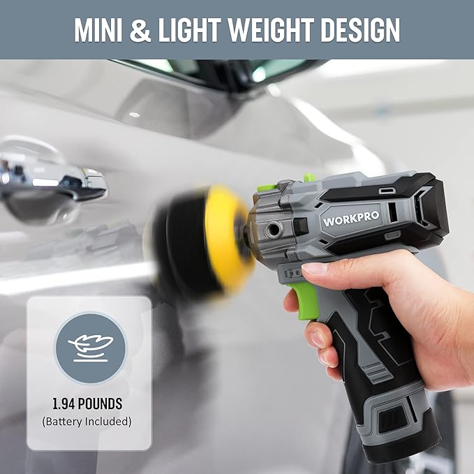 WORKPRO 12V Cordless Polisher, 3" Mini Car Detailing Buffer & Sander Machine Kit with 2 Li-Ion Batteries, Variable Speed Trigger for Auto/DIY Polishing/Sanding/Waxing