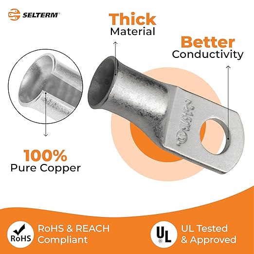 SELTERM 2pcs 1 AWG 5/16" Stud Tinned Copper Wire Lugs, Battery Lugs, Ring Terminals, Battery Cable Ends, 1 Gauge Ring Terminal Connectors, UL Marine Grade Electrical Battery Terminal Connectors