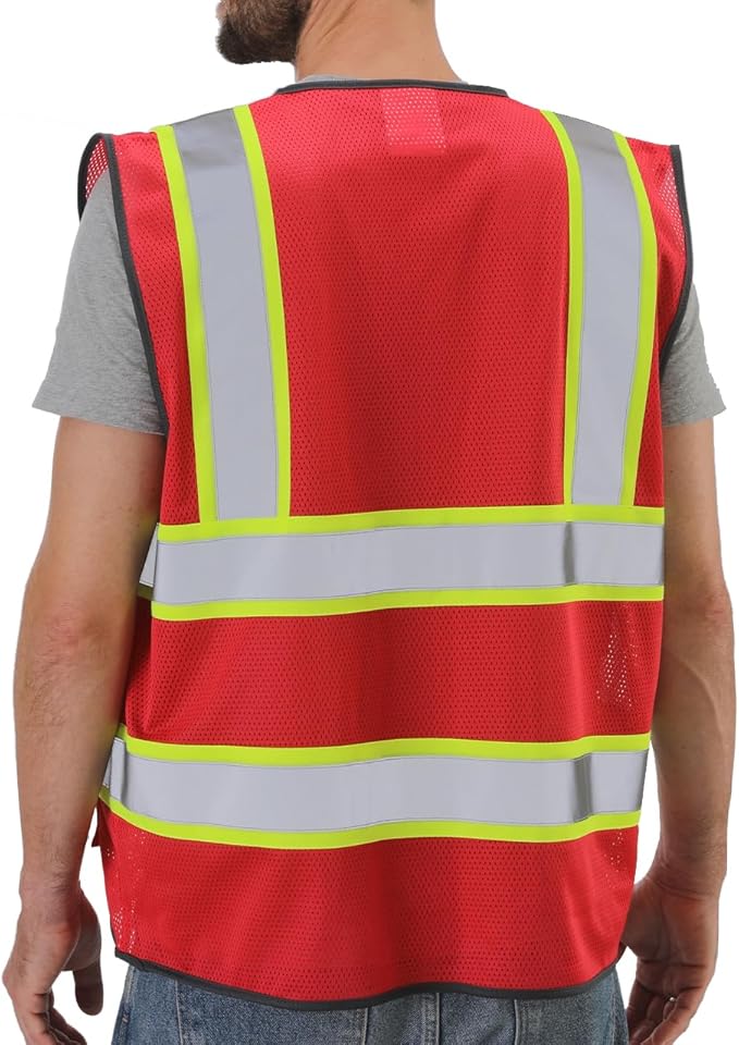 Dib Safety Reflective Mesh Vest High Visibility Two Tone with Pockets and Zipper, Red Mesh with Yellow Trim 3XL
