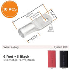 SELTERM 10pcs - 4 Awg - #10 Stud Battery Lugs - Ring Terminal Connectors with 12pcs 3:1 Black & Red Heat Shrink Tubing with Adhesive, Heavy Duty Battery Cable Ends - Tinned Copper Wire Lugs Kit