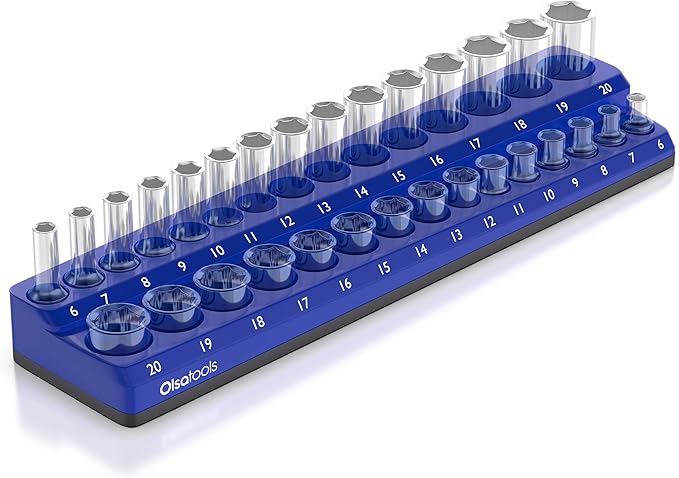 Olsa Tools Magnetic Socket Holder | 3/8-inch Drive | Metric | Blue | Holds 30 Sockets | Professional Quality Tools Organizer