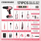 COMOWARE 171Pcs Pink Home Tool Kit with Drill, 20V Cordless Power Drill Combo Set, Complete Household Repair Tools for Men & Women in Garden, Office, DIY Projects