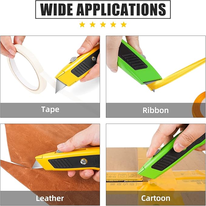 DIYSELF 4 Pack Retractable Box Cutters, Utility Knives with 10 Blades, Heavy Duty for Cardboard, Carpet, Paper