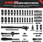 3/8" Impact Socket Set,74pcs Drive 6-Point Deep Socket Wrench Set With 72 Tooth Count Ratchet, Standard SAE 5/16" - 7/8" & Metric 8mm - 22mm,Socket Set For Home Use And Automotive Repair.