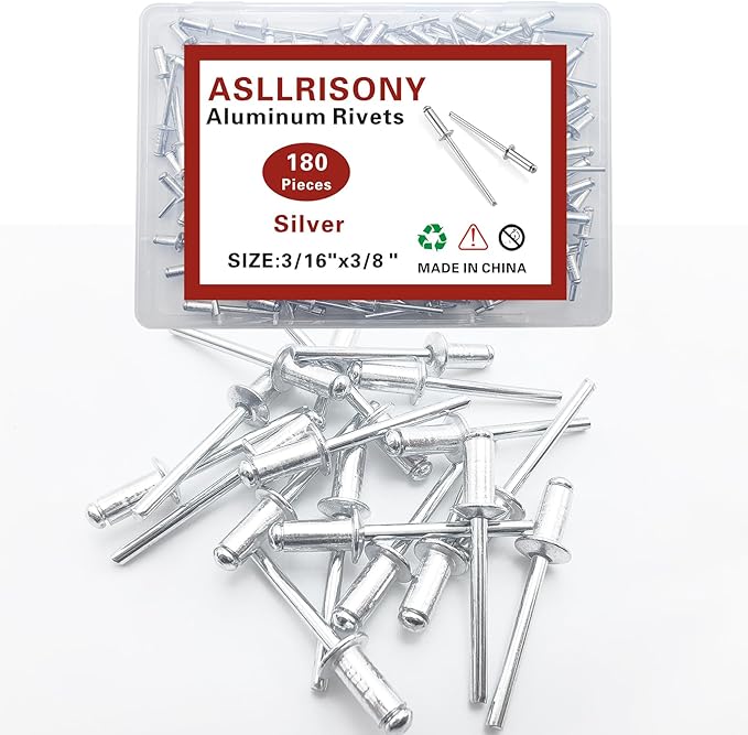 180pcs Silver 3/16" x 3/8" Aluminum Blind Rivets, 4.8 x 9.5mm Pop Rivets,Aluminum Grip and Steel Mandrel