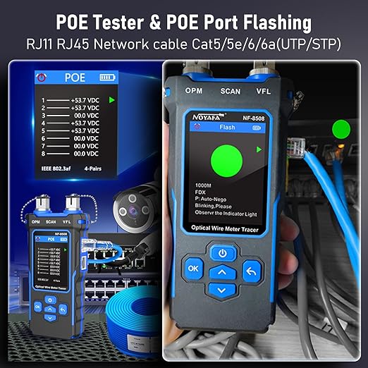 NF-8508 Network Cable Tester with Optical Power Meter 10mw Visual Fault Locator,POE/NCV/RJ11 RJ45/CAT5 CAT6 Cable Toner Ethernet Tester,Length Measurement,Fiber Find Fault Test Phone Line Tracer