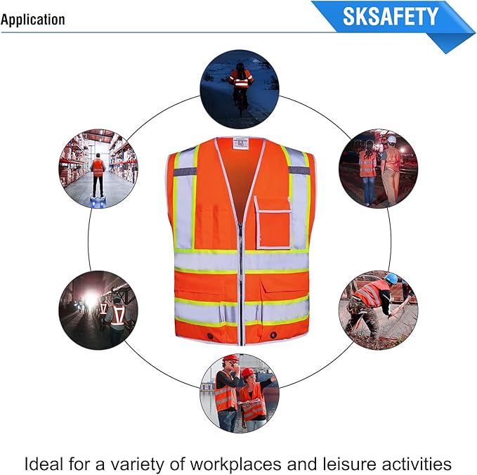 SKSAFETY 10 Pockets Safety Vest, Class 2 High Visibility Security with Zipper, Hi Vis Vest with Reflective Strips, ANSI/ISEA Standard, Construction Work Vest for Men ＆ Women （Orange, XL）