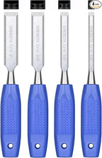GREBSTK 4 Pcs Wood Chisel Set, CRV Steel Bevel Sharp Edge Bench Chisels with Safety Caps, Comfortable Rubber Handle, for Woodworking and DIY Projects, 9“x(1/4", 1/2", 3/4", 1")