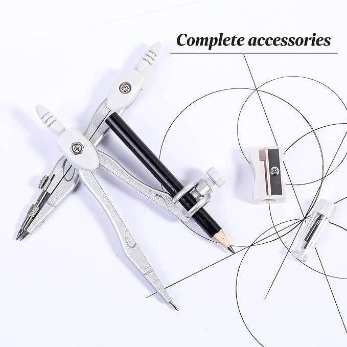Math Geometry Kit Sets 10 Piece Student Supplies with Shatterproof Storage Box,Includes Rulers,Protractor,Compass,Eraser,Pencil Sharpener,Lead Refills,Pencil,for Drafting and Drawings（Grey）