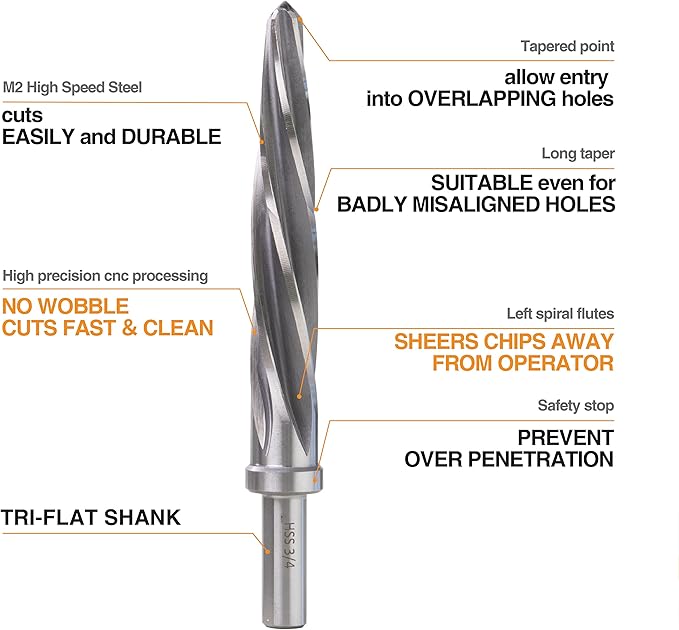 1/2" Bridge/Construction Reamer, M2 HSS Taper Chucking Reamer Drill Bit for Steel Alloy Aluminum Metal Wood Plastic, 1/2” Shank Chuck, Spiral Flutes, to Enlarge/Align Holes, 12mm