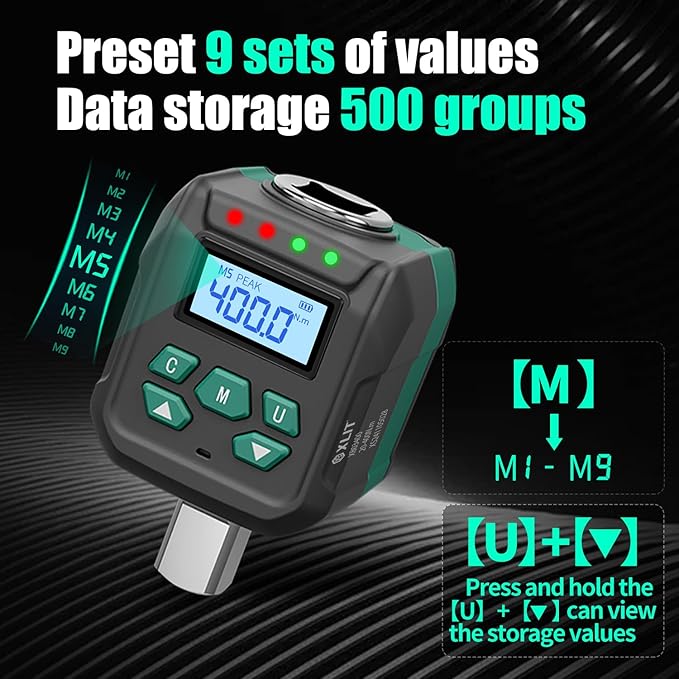 1/2-Inch Drive Digital Torque Adapter, 15-295 ft-lb (20-400 Nm), ±2% Accuracy - High-Torque Meter Gauge & Checker with Buzzer & LED for Truck, Tractor, Farm Equipment & Automotive Lug Nuts